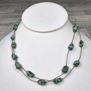 Double Strand 925 Sterling Silver & Natural Green Agate Stone Necklace 18"L